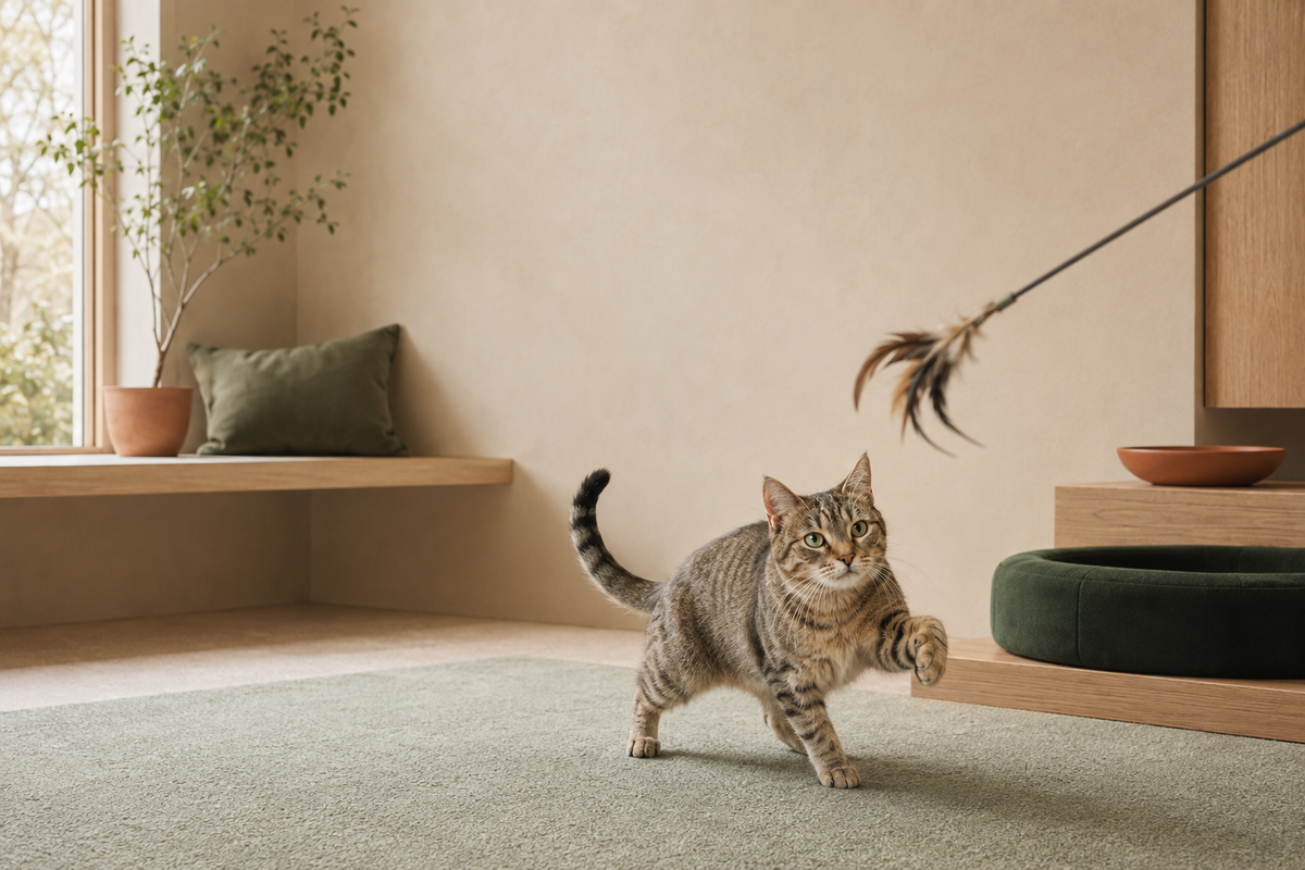 Silberbraune Katze jagt aufmerksam ein Federspielzeug im Wohnzimmer