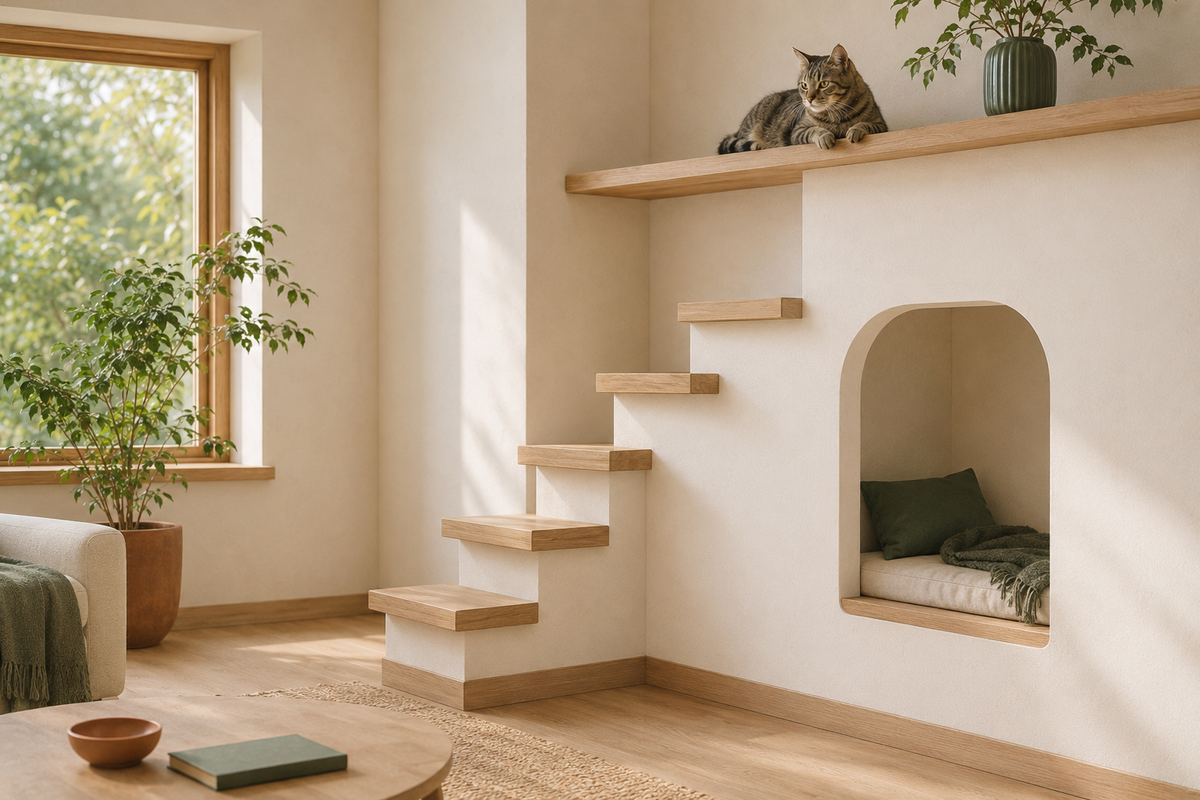 Gelassene Katze auf einer erhöhten Ruheplattform mit geschützter Katzenhöhle