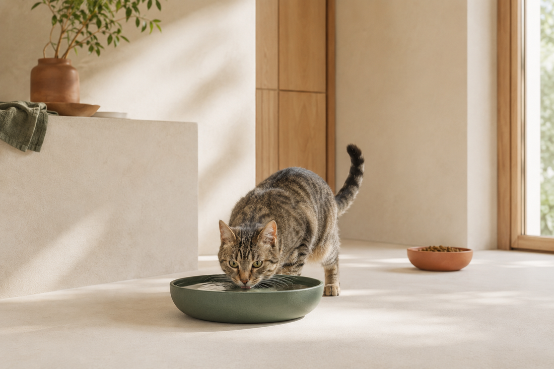Silberbraune Katze trinkt aus einer flachen Wasserschale im hellen Wohnraum