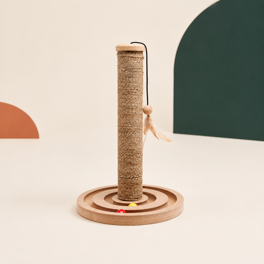 Seegras-Kratzstamm Brigitte mit Spielzeug – hochwertige Produktansicht im Felario-Stil