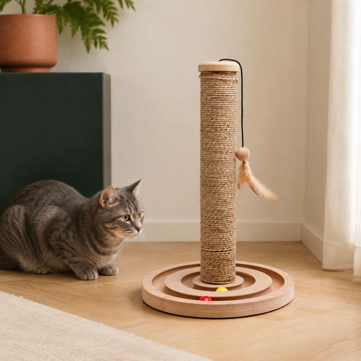 Seegras-Kratzstamm Brigitte mit Spielzeug – hochwertig inszeniert im modernen Katzenhaushalt