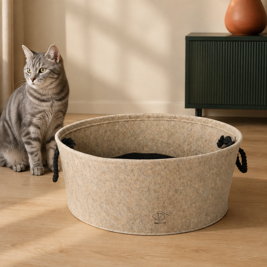Filz-Katzenkorb – Beige – hochwertig inszeniert im modernen Katzenhaushalt