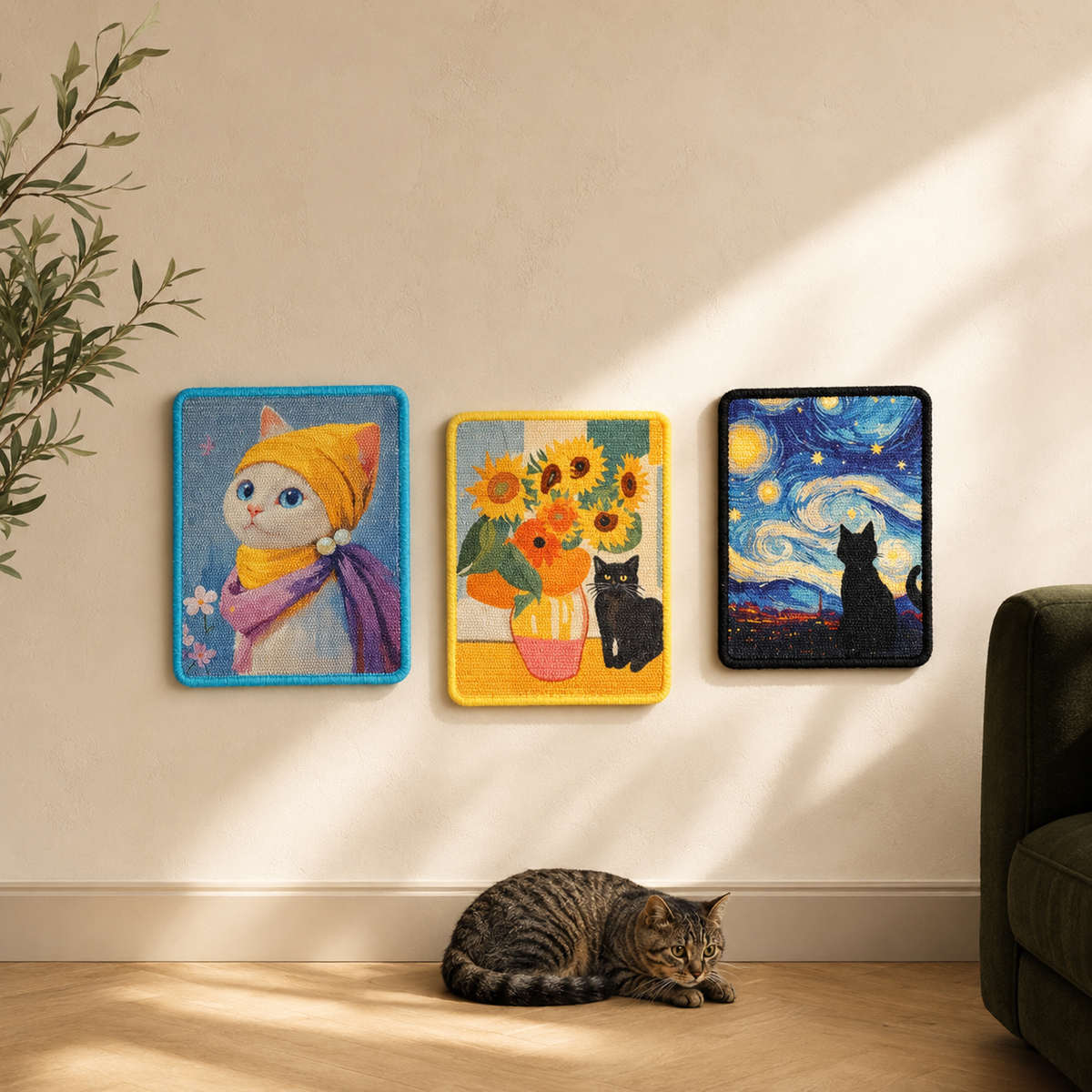 Drei Felario Galerie-Kratzmatten mit Kunstmotiven an einer hellen Wand