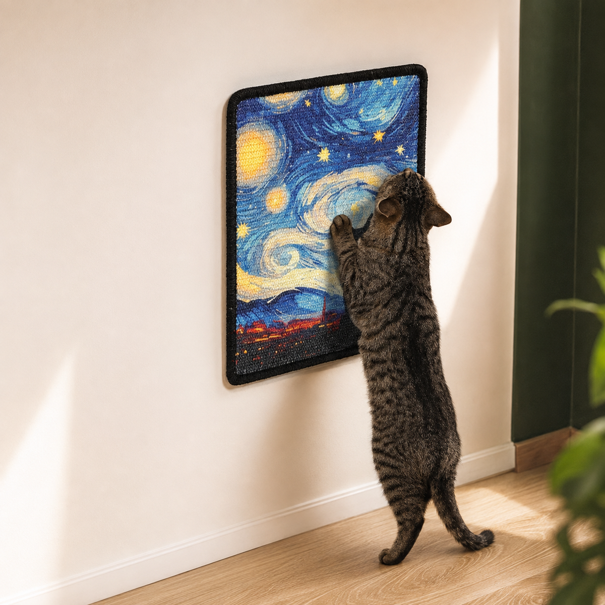 Katze beim Kratzen an der Felario Sisal-Kratzmatte Sternennacht
