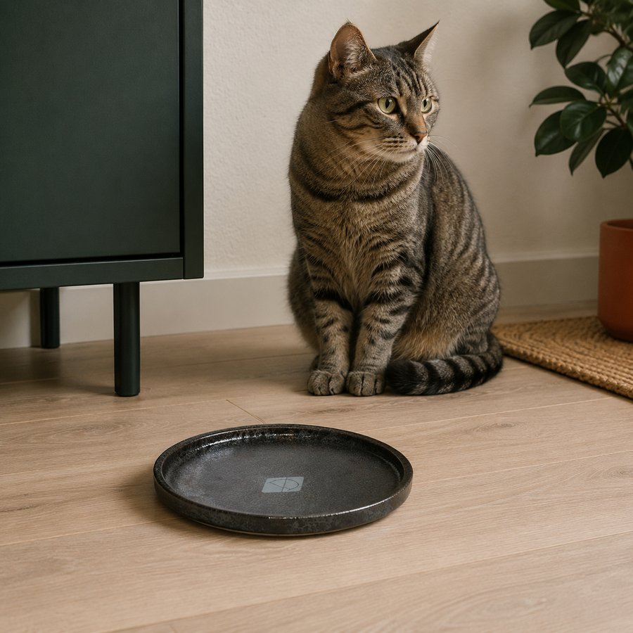 Flacher Katzennapf Jasper – Black Dots – hochwertig inszeniert im modernen Katzenhaushalt