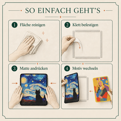 Montage der Felario Galerie-Kratzmatte mit schmalen Klettstreifen am Rand in vier Schritten