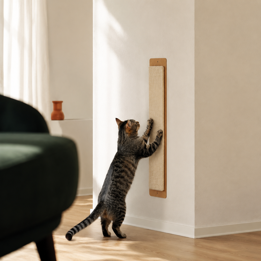 Sisal-Kratzbrett Natur – 56 cm an der Wand mit Katze im Wohnambiente