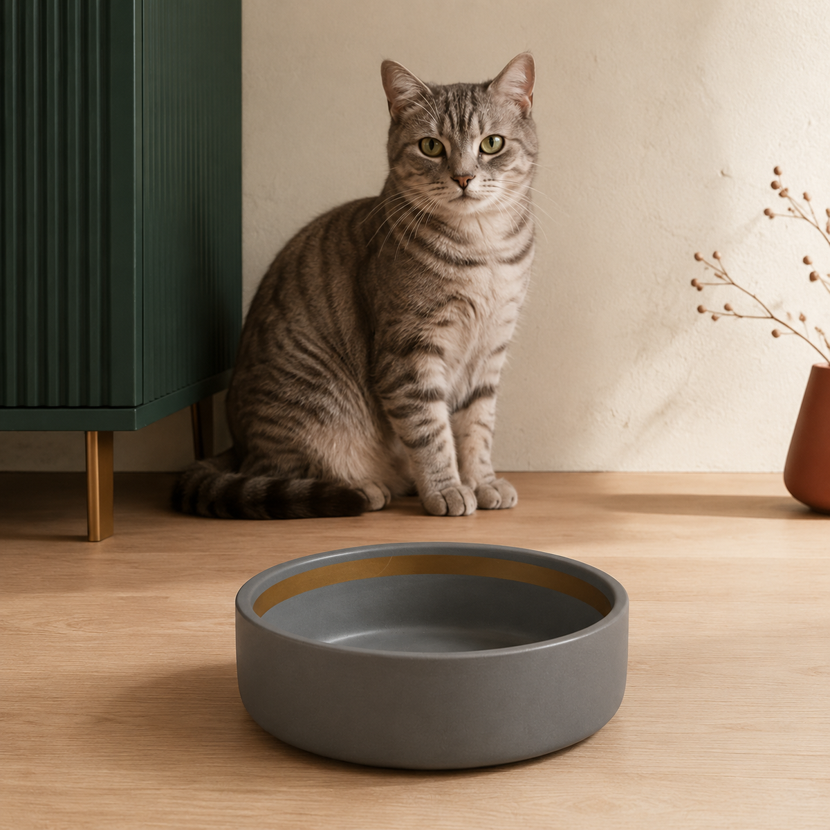 Keramiknapf Stone Hush – 350 ml – hochwertig inszeniert im modernen Katzenhaushalt