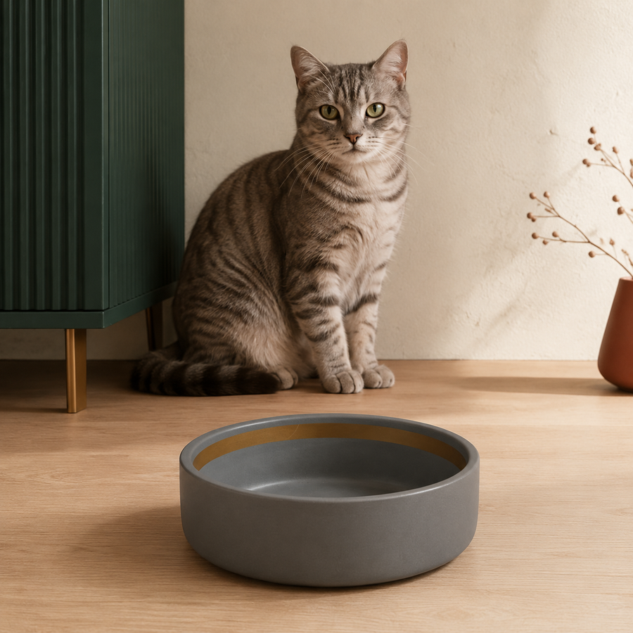 Keramiknapf Stone Hush – 350 ml – hochwertig inszeniert im modernen Katzenhaushalt